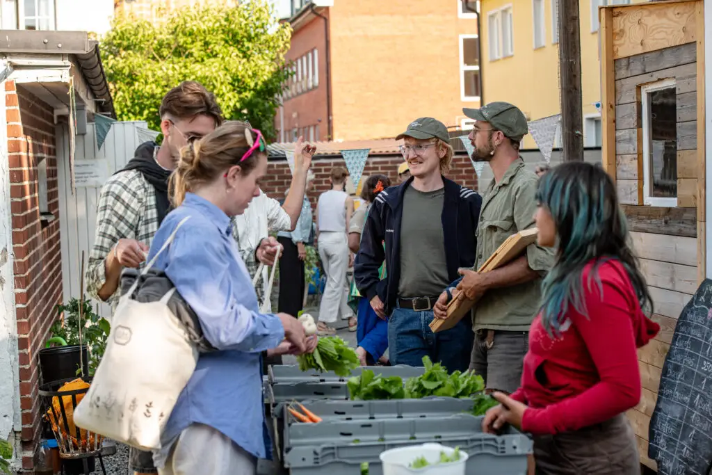 En lokal marknad med färska grönsaker i backar och en person med en 'Cykla'-tygpåse på Ödets bakgård. Foto: Andreas Paulsson.