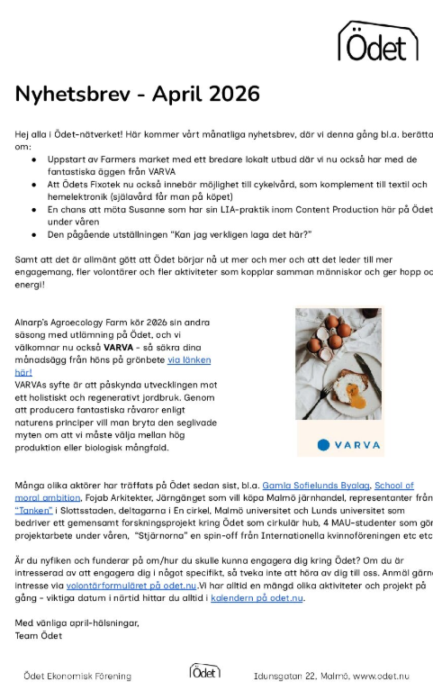Första sidan av Ödets nyhetsbrev för april 2026 med rubriker om Farmers Market, Fixotek och samarbete med VARVA.