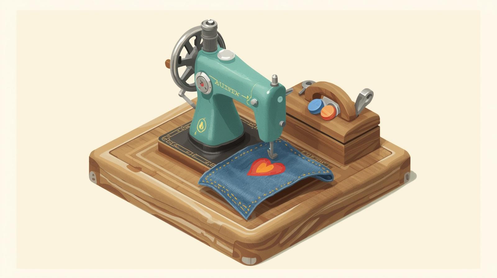 En isometrisk illustration av en mintgrön vintage-symaskin som står på en gedigen träsockel. Under nålen ligger ett stycke blått jeanstyg med ett broderat rött hjärta. Bredvid maskinen finns en liten trälåda med knappar i orange och blått samt några sybehör.
