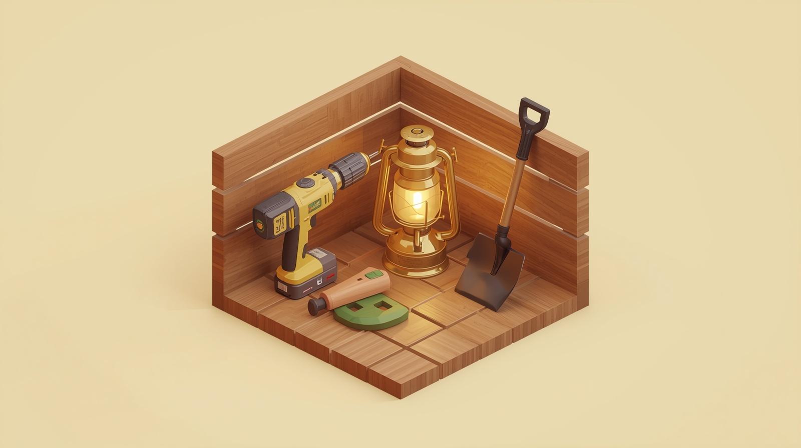 En isometrisk illustration som visar insidan av ett hörn i en träbox. Inuti finns en gul batteridriven borrmaskin, en tänd klassisk stormlykta i mässing som sprider ett varmt sken, och en spade som lutar mot väggen. På golvet ligger även en mindre ficklampa och ett grönt verktyg.