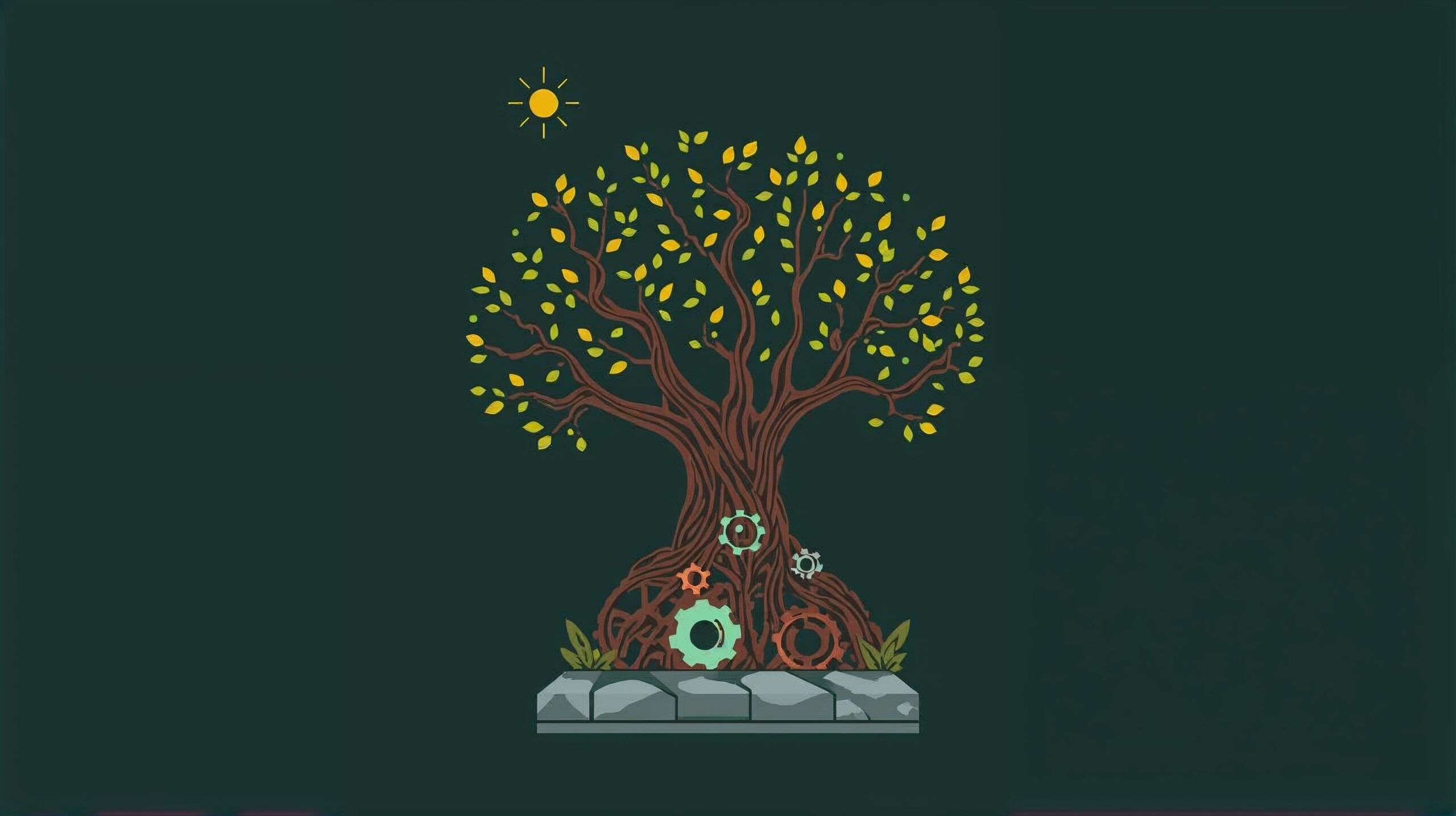 En illustration av ett lummigt träd med gröna och gula blad mot en mörkgrön bakgrund. Vid trädets rötter syns kugghjul i olika färger inbäddade, och en liten gul sol skiner ovanför kronan. Trädet står på en stabil stengrund.