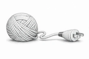 En kreativ illustration av ett stort nystan av beige garn. Garnändan löper ut från nystanet och förvandlas till en elektrisk stickkontakt, också klädd i garn. Bilden symboliserar ordleken "Stickkontakt" och kopplingen mellan handarbete och mänsklig kontakt mot en ljus, minimalistisk bakgrund.