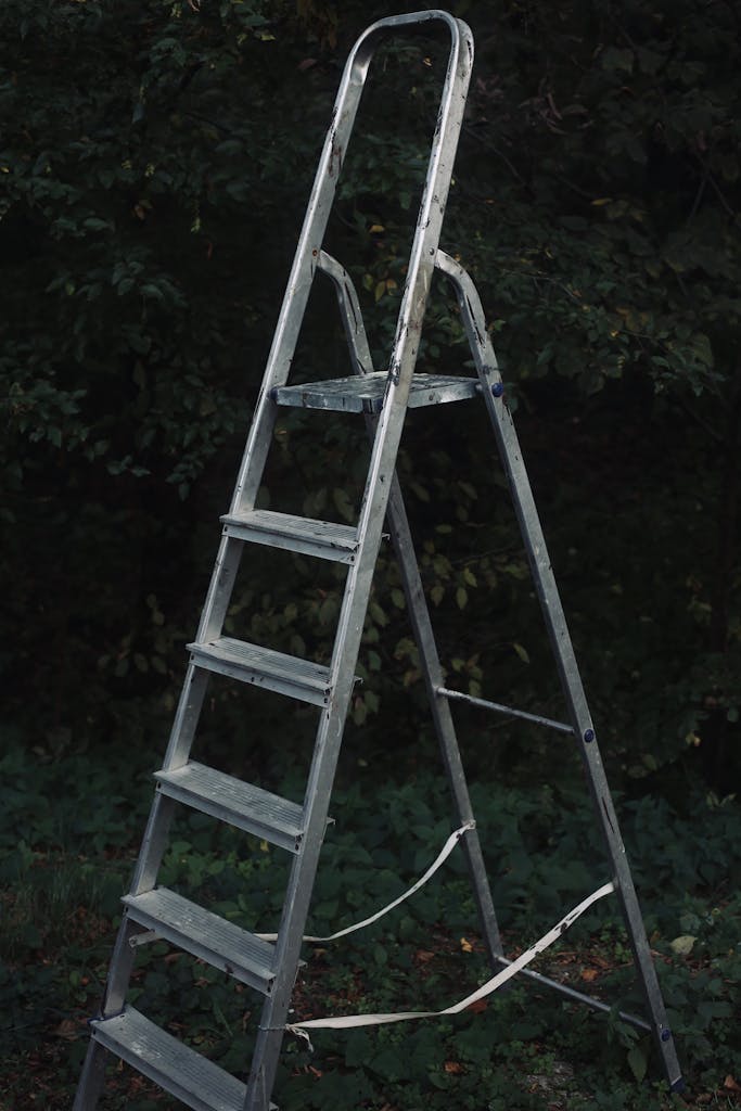 A vertical shot of a metallic ladder standing in a dark forest-like environment.