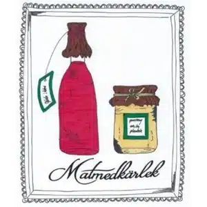 Logotyp för Matmedkärlek. En handtecknad illustration inramad av en dekorativ spetskant, föreställande en röd glasflaska och en ljusgul glasburk med bruna papperslock fastknutna med snören. Under illustrationen står företagsnamnet "Matmedkärlek" skrivet i en elegant, svart skrivstil.